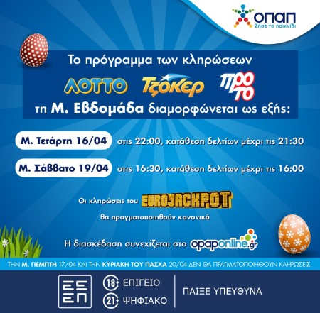 H λειτουργία καταστημάτων και κληρώσεων του ΟΠΑΠ τη Μεγάλη Εβδομάδα